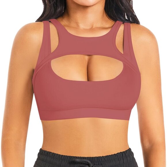 🆕Women Rose Red Nylon PushUp Sport Bra Sexy Hollow Crop Top Medium Support Yoga - Picture 2 of 6